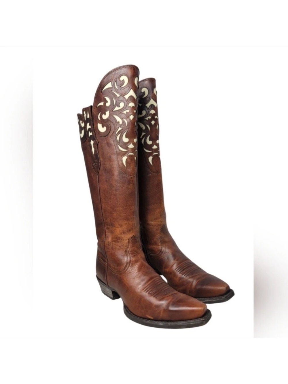 Arita Brown Leather Tall Western Boots with Cream Cutout Detail